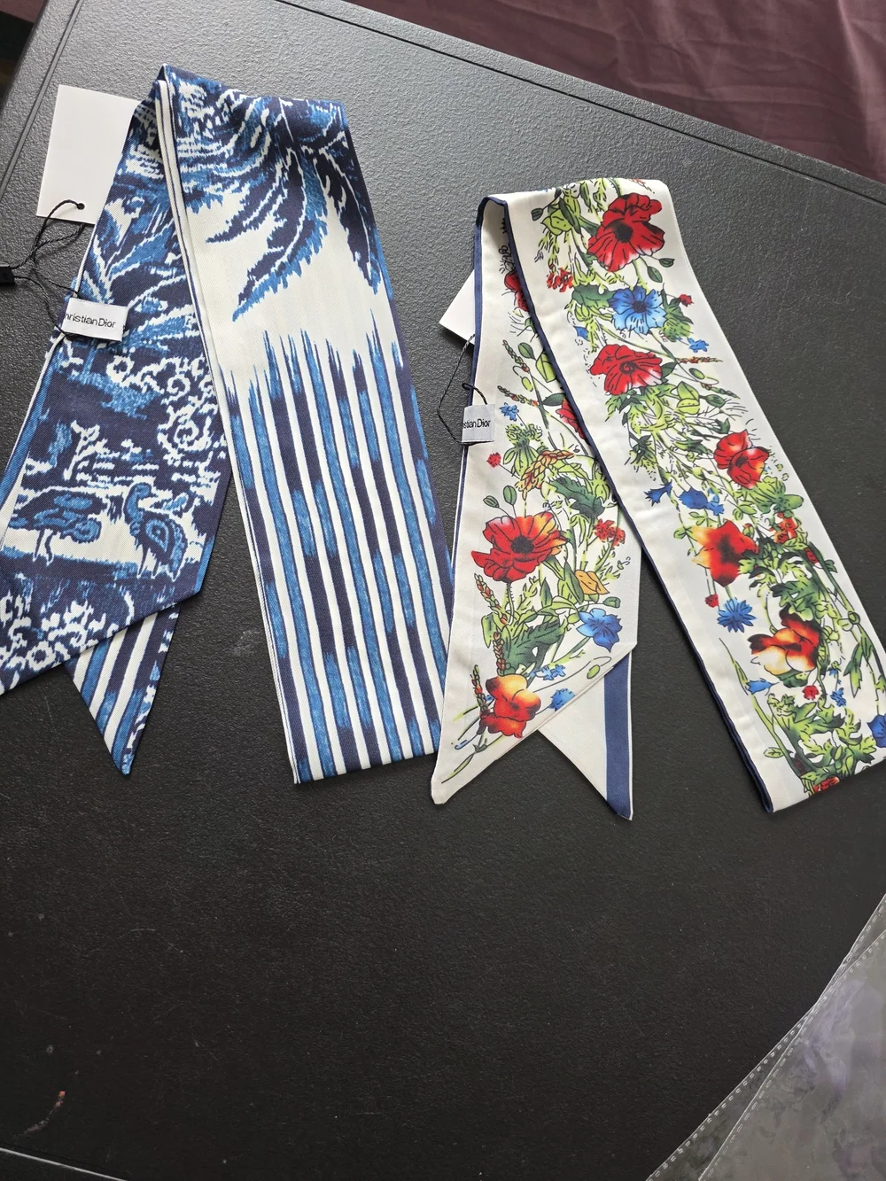 Blue & Floral Silk Twilly Scarf Set